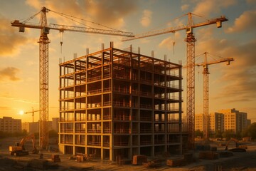 Large-Scale Residential Construction Project with Multi-Story Building Development at Sunset