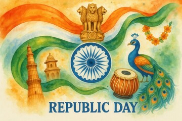 Watercolor India Republic Day Celebration with Tricolor Flag and Cultural Elements