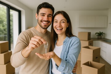 Young Homeowners Celebrating New House Purchase with Keys and Moving Boxes in Modern Home