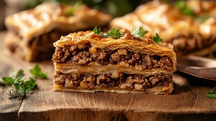 Delicious layered meat pastry on rustic wooden table with garnish