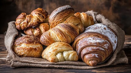 Fototapeta premium Assorted Freshly Baked Pastries in a Rustic Basket on Wooden Table