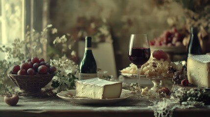 Elegant Wine and Cheese Arrangement with Fruits and Floral Accents