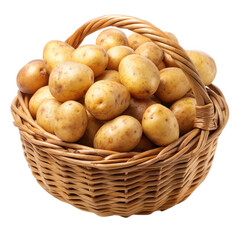 Woven basket filled with fresh potatoes isolated on transparent background
