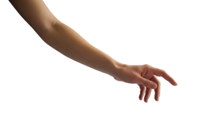 A fair skinned arm and hand reaching out against a solid isolated White background  in studio shot
