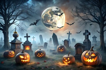 A spooky halloween night unfolds in a misty cemetery, with glowing jackolanterns illuminating tombstones under a full moon with bats flying