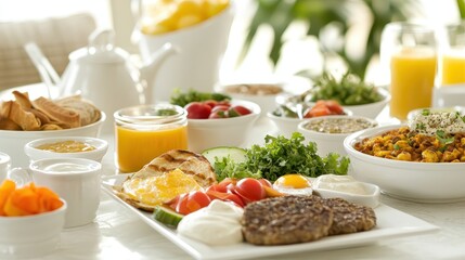Expansive Breakfast Spread with Eggs, Vegetables, and Fresh Juice