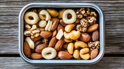 Assorted Nuts and Snacks in a Silver Container on Wooden Surface