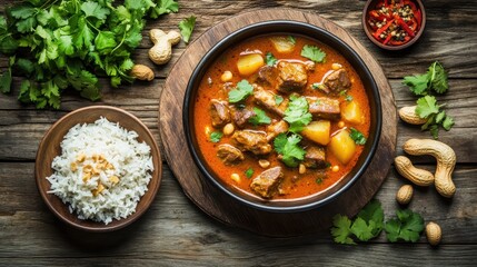 Delicious Beef Curry with Rice and Fresh Herbs on Rustic Table