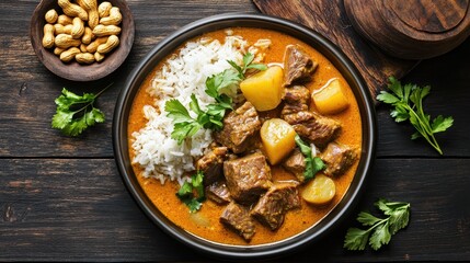 Delicious Beef Curry with Rice and Fresh Herbs on Wooden Table