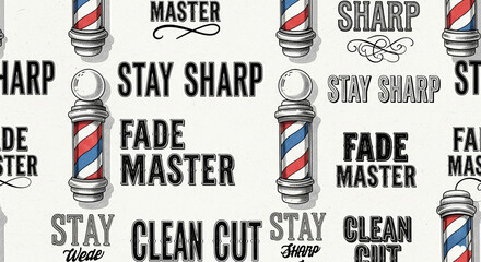Fototapeta premium Retro-style barbershop print featuring barber poles and haircut-related typography in a repeat pattern, perfect for branding, posters, and masculine-themed decor