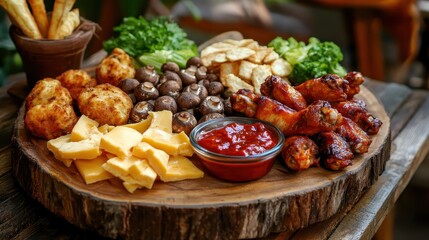 Assorted platter with crispy chicken, cheese, mushrooms, and dips