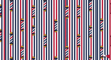 Fototapeta premium Seamless barbershop pole pattern with classic red, white, and blue stripes on a bold vertical background, ideal for retro grooming branding and barber-themed designs