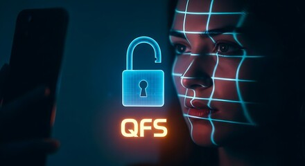 QFS facial recognition login. A face is scanned by a holographic grid, and a padlock icon unlocks, symbolizing secure access.