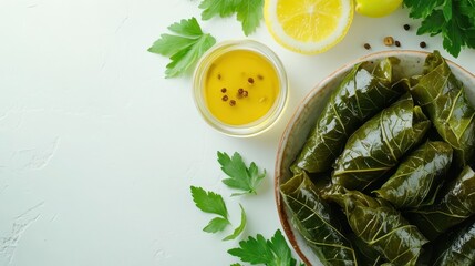 Obraz premium Fresh Green Dolmas with Lemon and Olive Oil on a White Tabletop