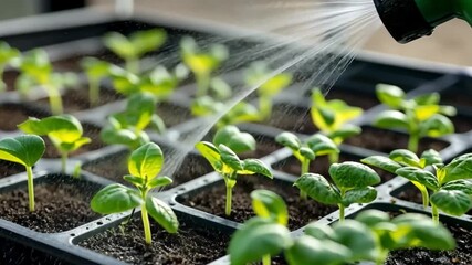 Close-up of a watering can sprinkling water on delicate seedlings, nurturing new life in a seed tray, showcasing the beginning of a gardener's work - Powered by Adobe