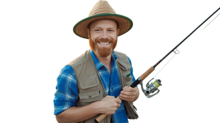 A smiling man with a beard wearing a hat and vest holding a fishing rod in his hands