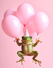 Frog in party hat with balloons