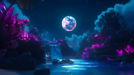 Magical moonlit tropical lagoon with glowing plants and serene waterfall at night - Powered by Adobe