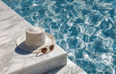 Summer Poolside Relaxation Straw Hat and Sunglasses by Sparkling Water