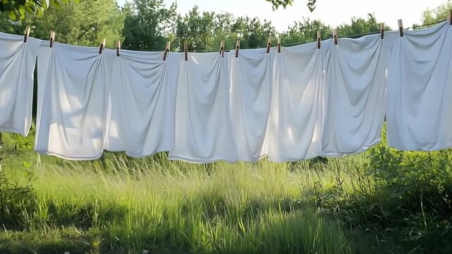 Freshly washed white sheets drying on a clothesline in the gentle breeze of a summer day, in a peaceful rural setting