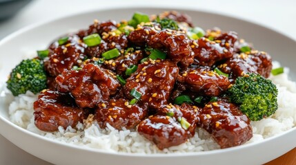 Fototapeta premium Delicious Sweet and Sour Beef with Broccoli on White Rice Plate