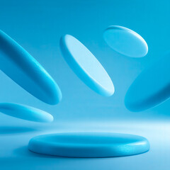 Minimal 3D digital composition with glossy elliptical platforms floating on blue gradient background, soft light reflections, clean futuristic atmosphere, smooth texture and weightless balance