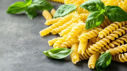 Pile of uncooked rotini pasta with basil leaves on gray background