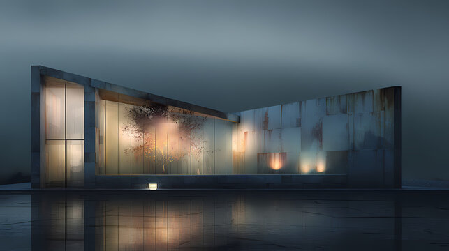 Galvanized volume split by translucent panel on slate slab