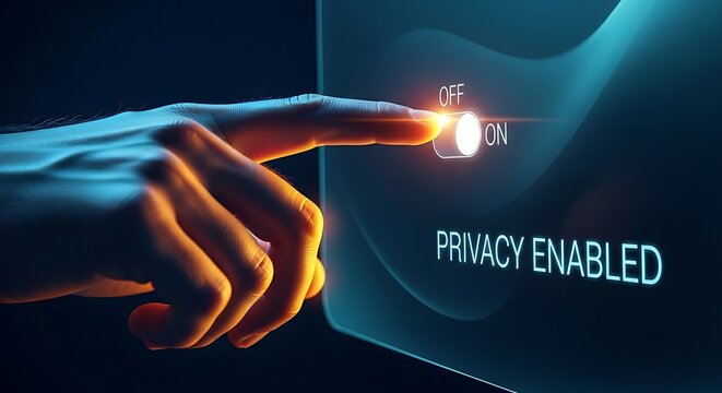 QFS privacy mode concept. A finger slides a holographic toggle switch to "ON," activating a privacy screen for secure transactions.