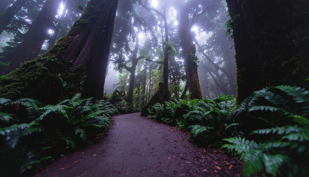 Antica foresta pluviale secolare con enormi tronchi ricoperti di muschio verde smeraldo e piante epifite, raggi di luce filtrano nella nebbia