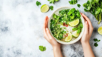 Fresh Herb and Lime Garnished Bowl of Noodles with Hands Holding