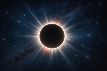 Naklejka premium Breathtaking total solar eclipse with dramatic corona visible against star-filled cosmic sky with ethereal light rays