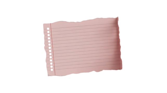 Close up of a pink lined piece of paper with torn edges on a isolated White background 