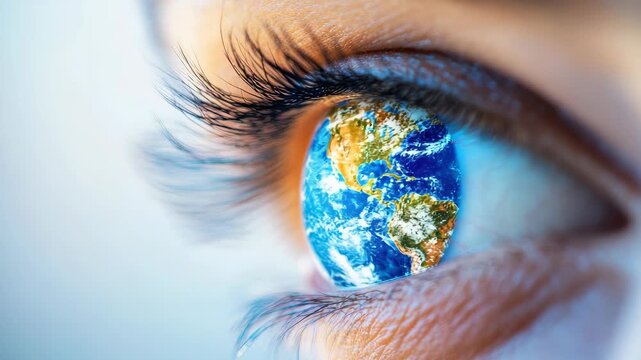 Close-up of eye with world map reflection, implying global vision