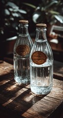 Glass bottles of water on wooden table, sunlight, greenery background.  Perfect for health, hydration ads