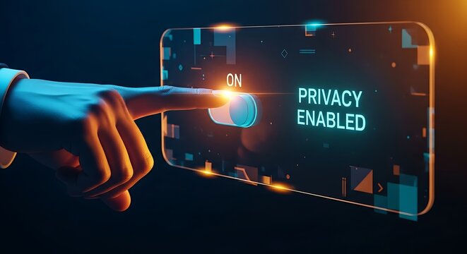 QFS privacy mode concept. A finger slides a holographic toggle switch to "ON," activating a privacy screen for secure transactions.