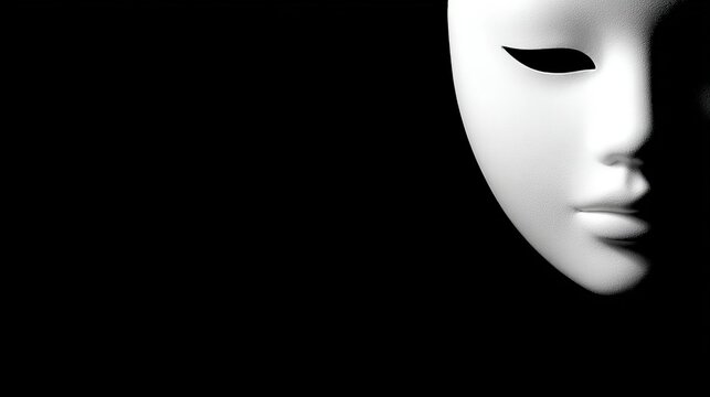 A close-up of a serene white mask against a dark background, symbolizing anonymity and mystery, ideal for themes of identity, art, and psychological exploration