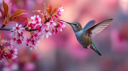 Fototapeta premium A vibrant hummingbird hovering delicately near blooming cherry blossoms, capturing the essence of spring in a serene garden, with soft pastel colors creating a dreamy background atmosphere