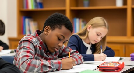 Young students focused on writing and learning in a classroom setting