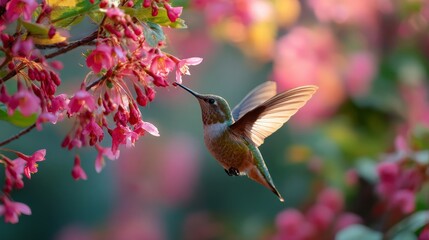 A vibrant hummingbird gracefully hovering near delicate pink blossoms in a lush garden, capturing the essence of spring with soft, blurred colors in the background