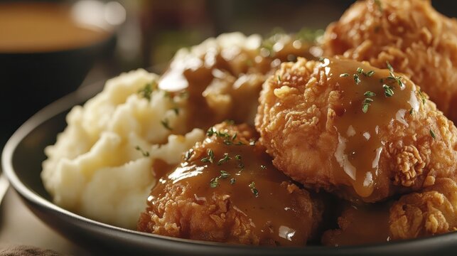 Crispy Fried Chicken with Gravy and Creamy Mashed Potatoes