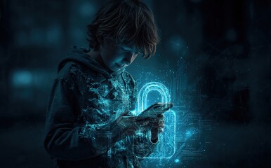 Kid boy with phone, cybersecurity hologram and padlock circuit. High quality