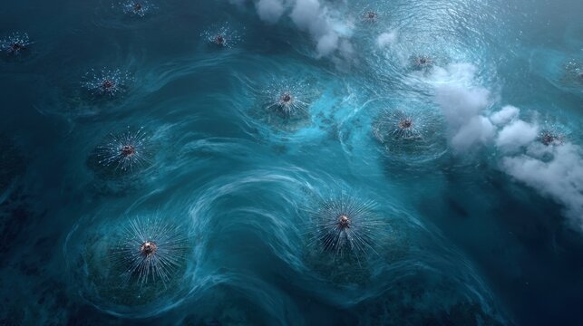 Capturing an overhead view of robotic sprayers releasing calcium carbonate spores into the ocean, creating mesmerizing patterns in a geoengineering effort against climate change