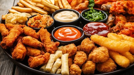 Fototapeta premium Delicious Platter of Appetizers with Dipping Sauces and Fries