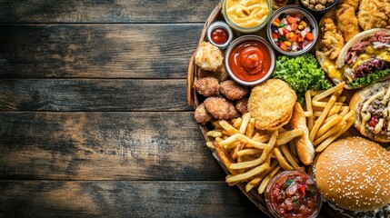 Delicious Platter of Fast Food with Burgers, Fries and Dips