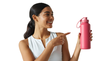 Woman in white top pointing at pink water bottle with a smile on a isolated White background