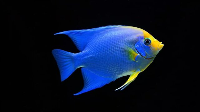 Blue and yellow angelfish with distinct fins against a solid black background