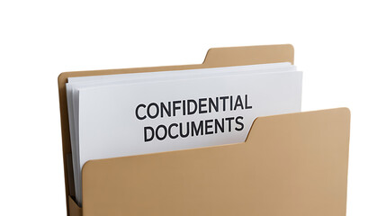 Close up of a manila folder filled with confidential documents against isolated White background 