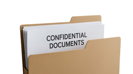 Close up of a manila folder filled with confidential documents against isolated White background 