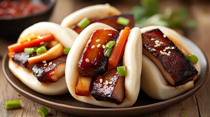 Delicious Pork Belly Buns with Fresh Vegetables and Sesame Seeds
